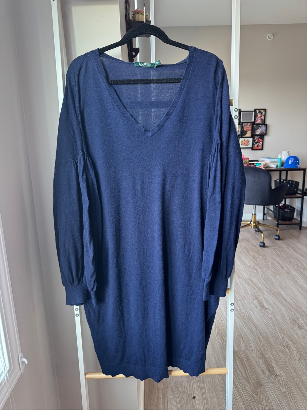 Lauren Ralph Lauren Navy V-Neck Long Puff Sleeve Knit Sweater Dress Size 3X
